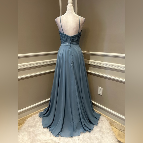 Brideside Cher dusty blue women’s chiffon spaghetti strap formal evening dress - Picture 8 of 16